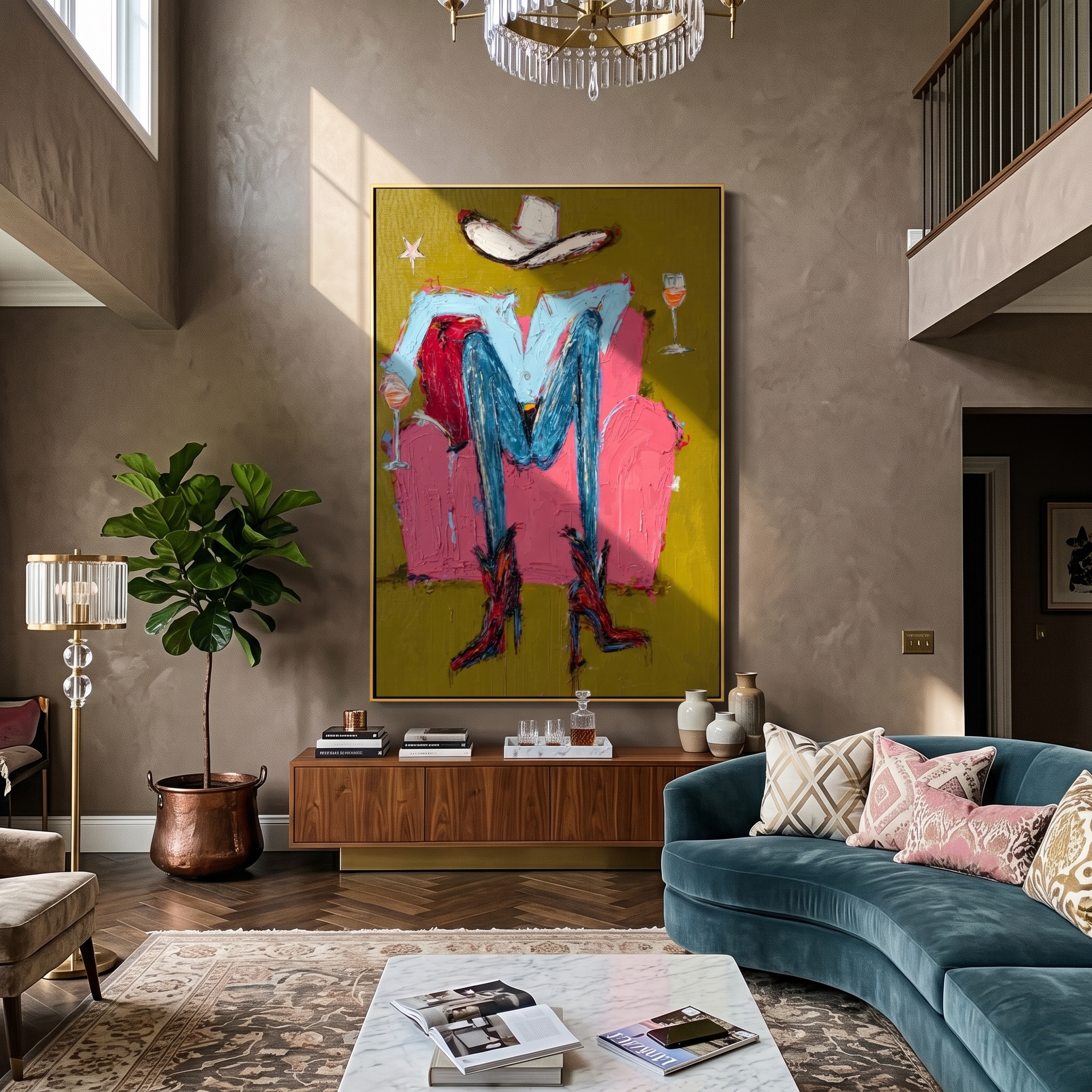 Two Glasses Frame Blue — brown and red contemporary western western art, vertical hand-painted canvas art – view 5