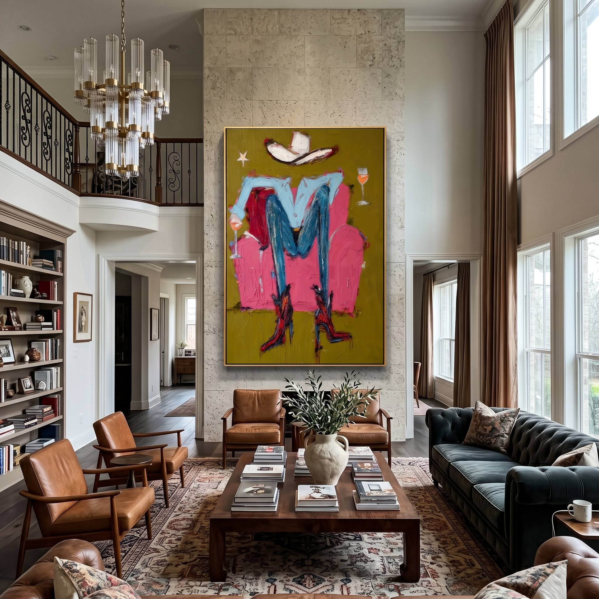 Two Glasses Frame Blue — brown and red contemporary western western art, vertical hand-painted canvas art – view 6