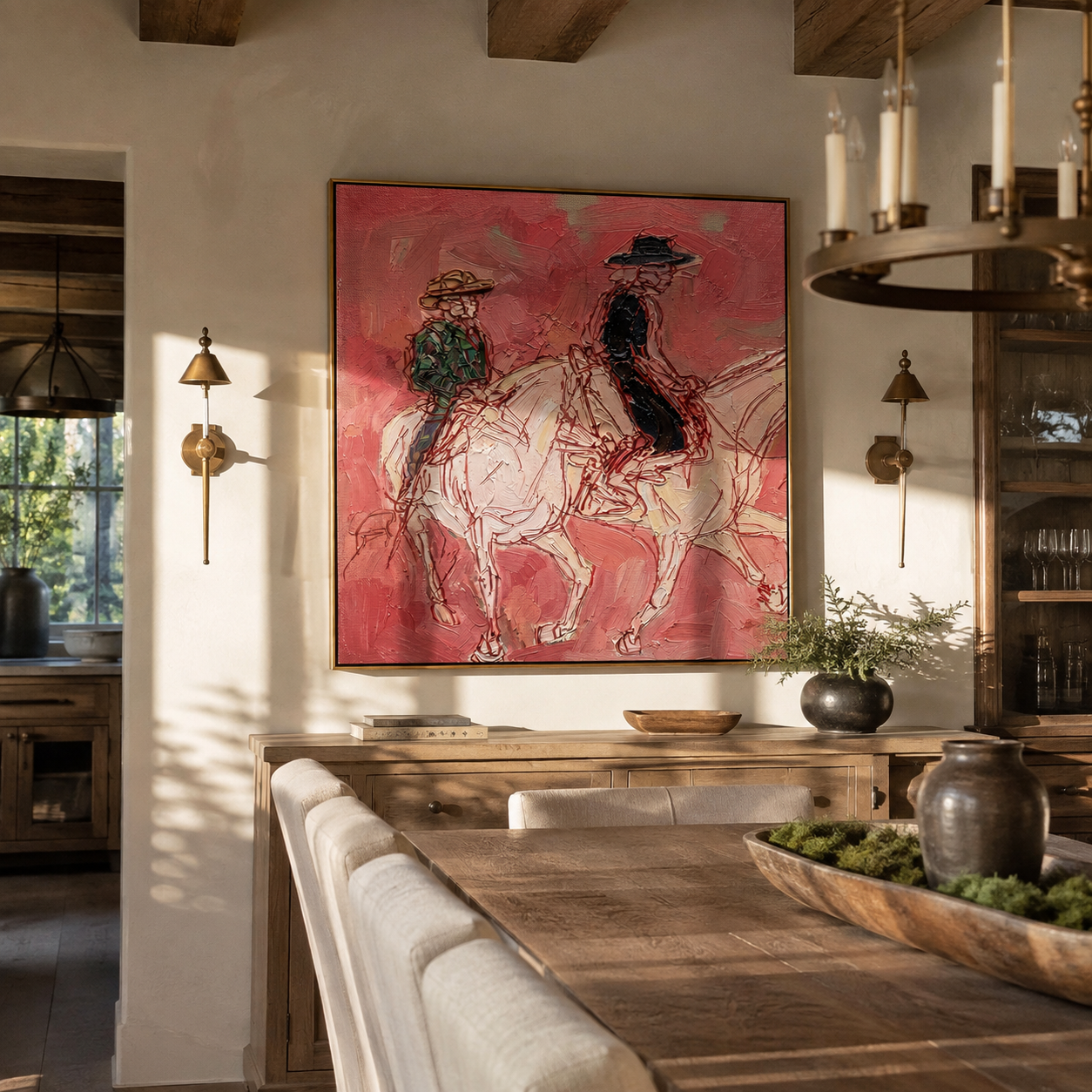 Rose Dust Carries Two Riders - pink horseback pair painting by Ethan Mercer, contemporary western square wall art – styled room scene view 1