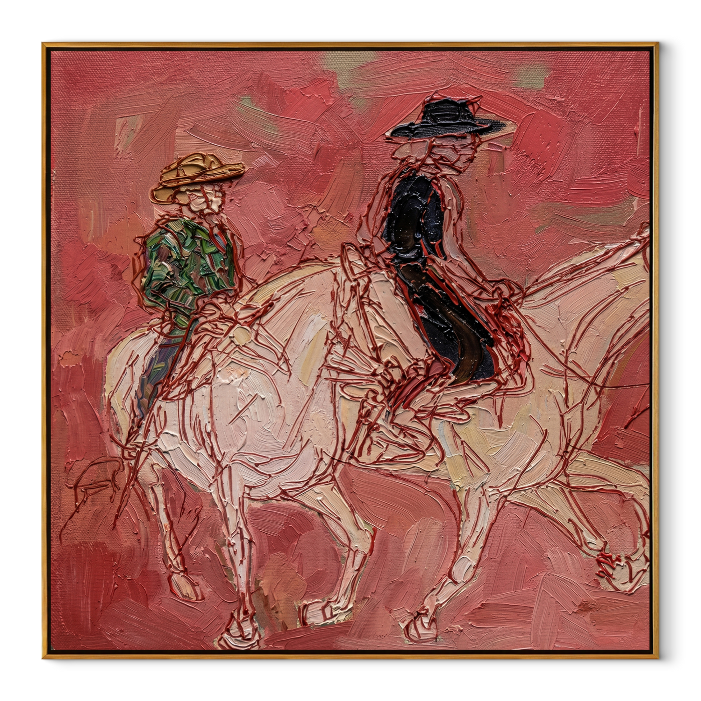 Rose Dust Carries Two Riders - pink horseback pair painting by Ethan Mercer, contemporary western square wall art – wood frame on white background