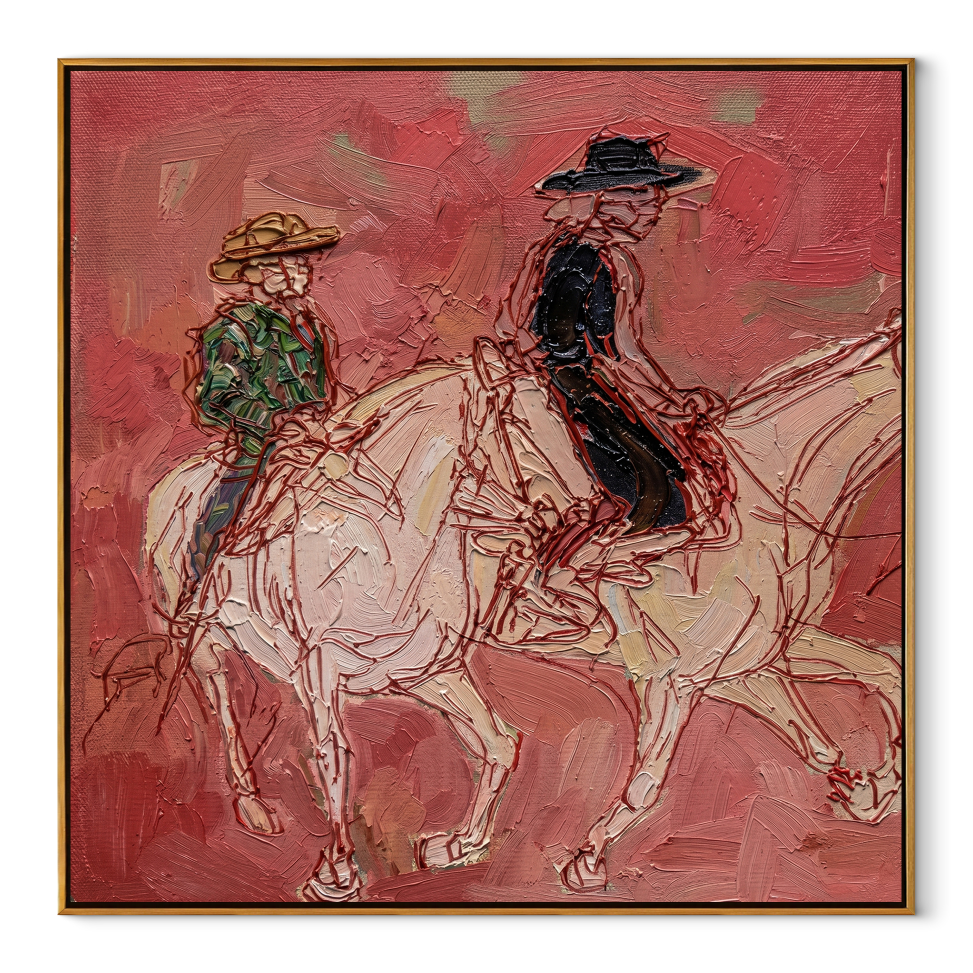 Rose Dust Carries Two Riders - pink horseback pair painting by Ethan Mercer, contemporary western square wall art – wood frame on white background