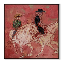 Rose Dust Carries Two Riders - pink horseback pair painting by Ethan Mercer, contemporary western square wall art – wood frame on white background