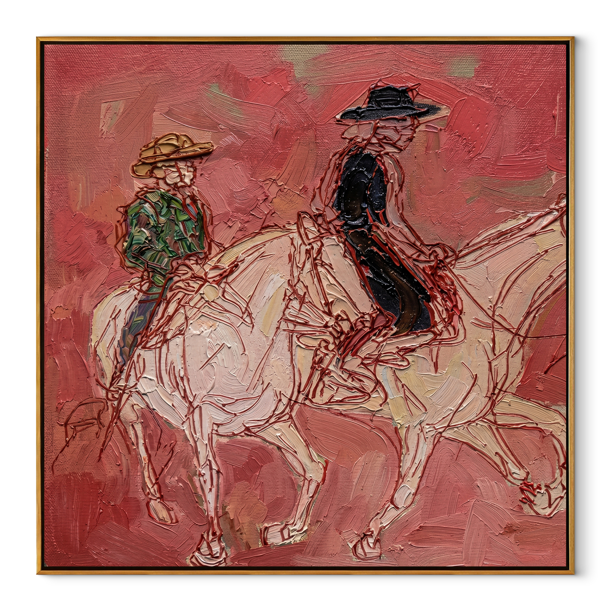 Rose Dust Carries Two Riders - pink horseback pair painting by Ethan Mercer, contemporary western square wall art – wood frame on white background