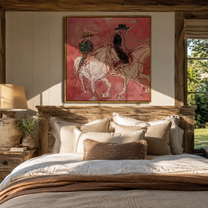 Rose Dust Carries Two Riders - pink horseback pair painting by Ethan Mercer, contemporary western square wall art – styled room scene view 2