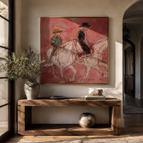 Rose Dust Carries Two Riders - pink horseback pair painting by Ethan Mercer, contemporary western square wall art – styled room scene view 3