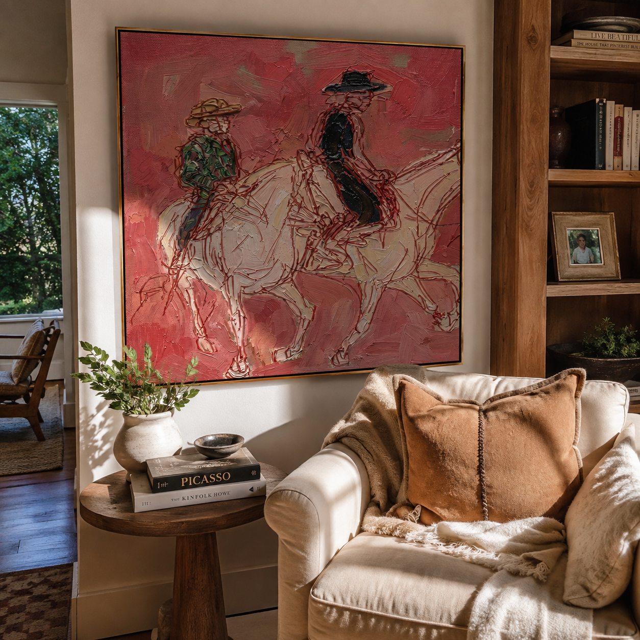 Rose Dust Carries Two Riders - pink horseback pair painting by Ethan Mercer, contemporary western square wall art – styled room scene view 4