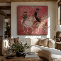 Rose Dust Carries Two Riders - pink horseback pair painting by Ethan Mercer, contemporary western square wall art – styled room scene view 5