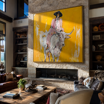 Mustard Dust Carries Pink - pink cowboy on white longhorn painting by Ethan Mercer, contemporary western square wall art – styled room scene view 1