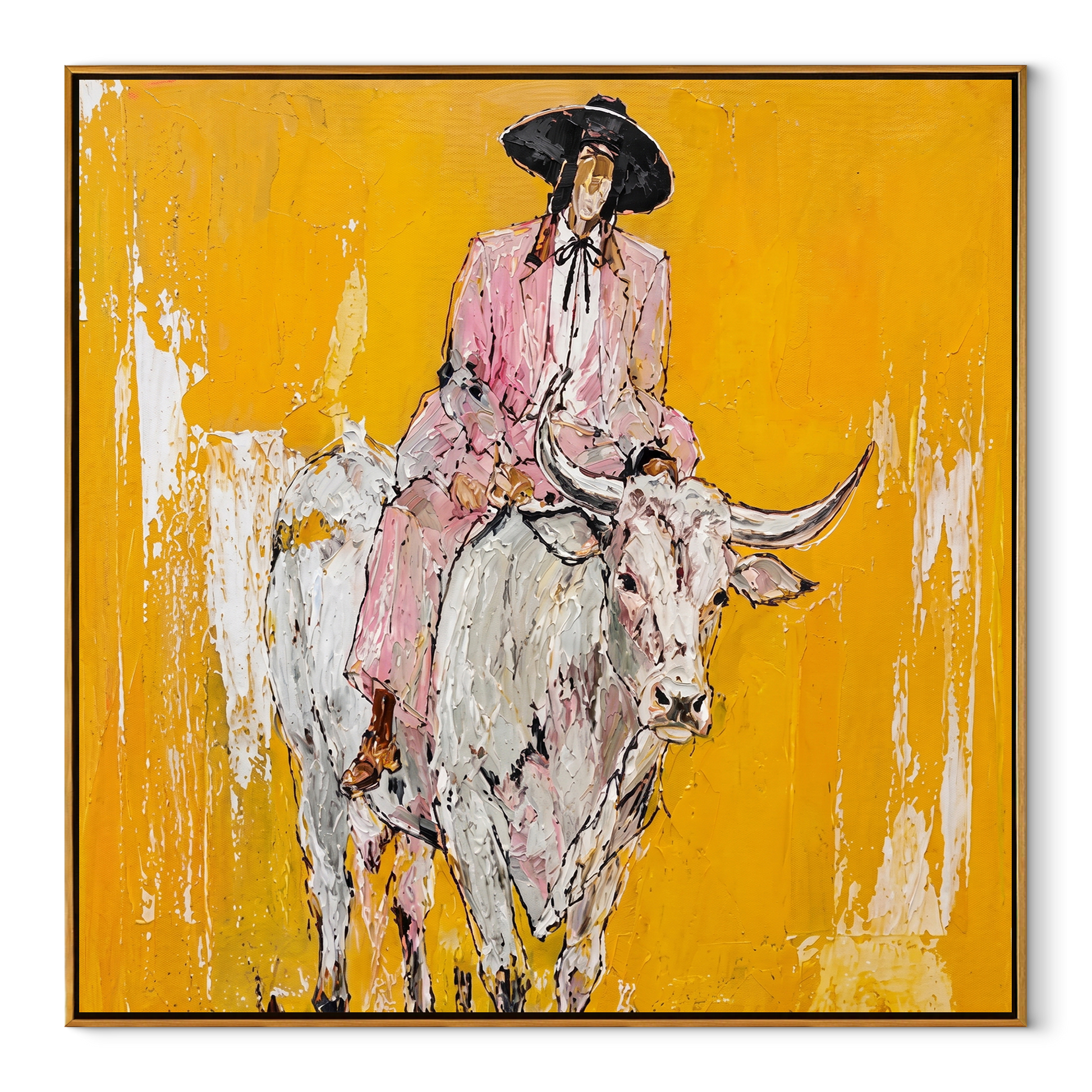 Mustard Dust Carries Pink - pink cowboy on white longhorn painting by Ethan Mercer, contemporary western square wall art – wood frame on white background