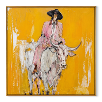 Mustard Dust Carries Pink - pink cowboy on white longhorn painting by Ethan Mercer, contemporary western square wall art – wood frame on white background