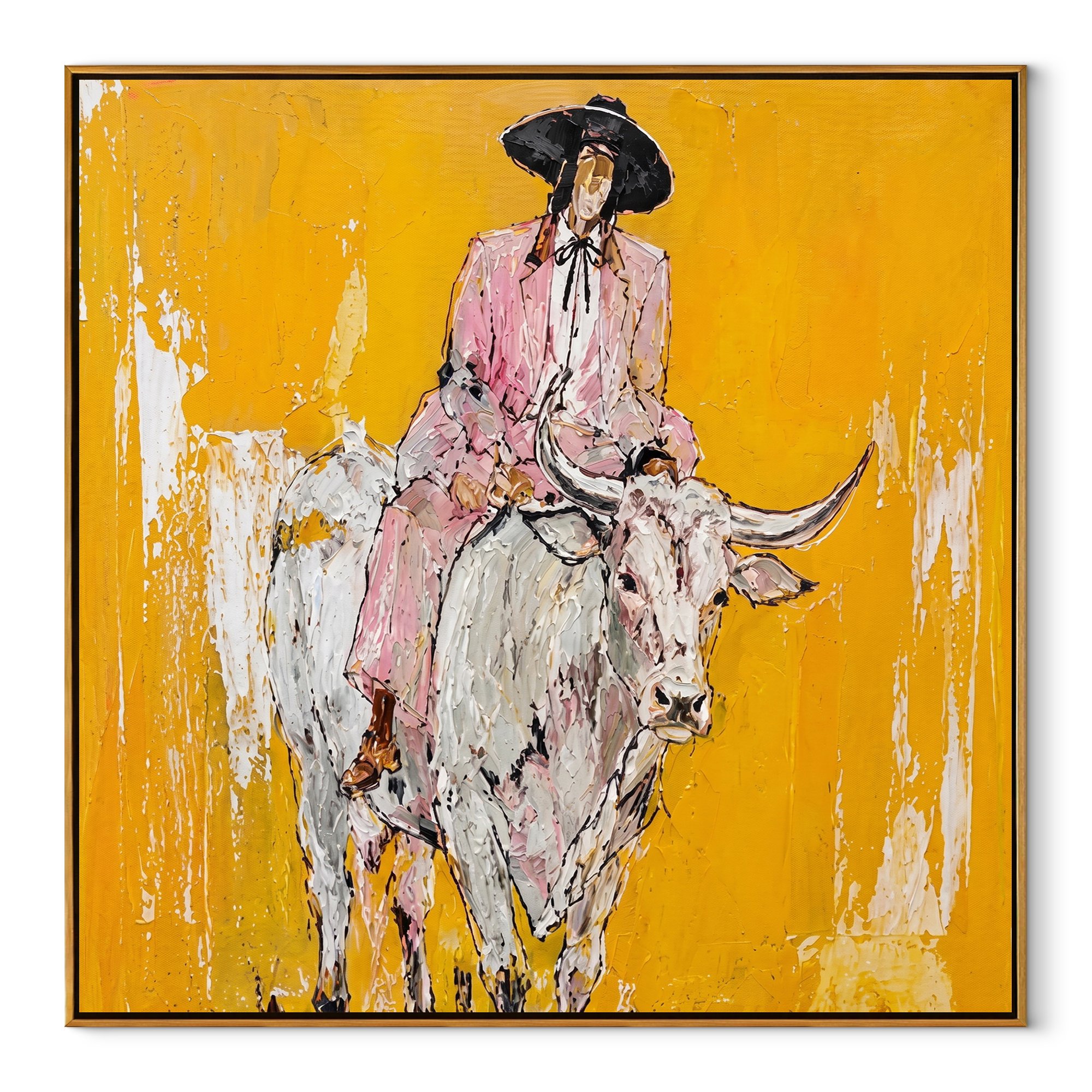 Mustard Dust Carries Pink - pink cowboy on white longhorn painting by Ethan Mercer, contemporary western square wall art – wood frame on white background