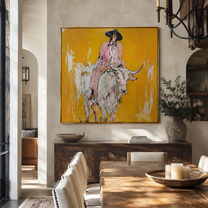 Mustard Dust Carries Pink - pink cowboy on white longhorn painting by Ethan Mercer, contemporary western square wall art – styled room scene view 2