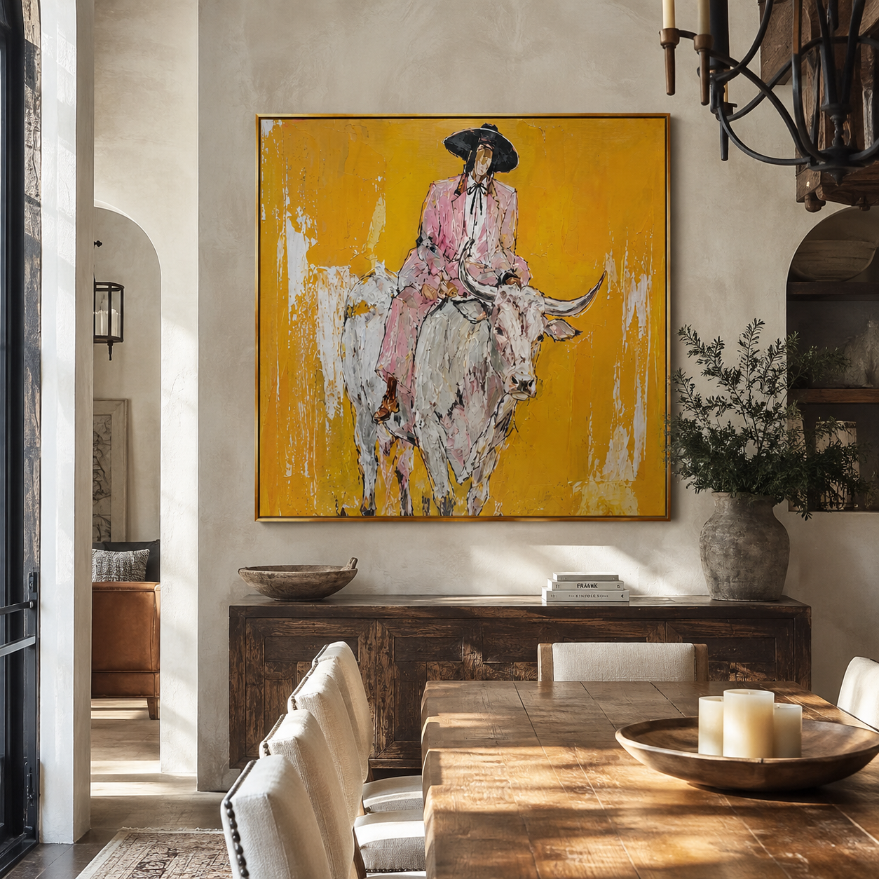 Mustard Dust Carries Pink - pink cowboy on white longhorn painting by Ethan Mercer, contemporary western square wall art – styled room scene view 2