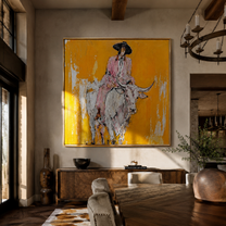 Mustard Dust Carries Pink - pink cowboy on white longhorn painting by Ethan Mercer, contemporary western square wall art – styled room scene view 3