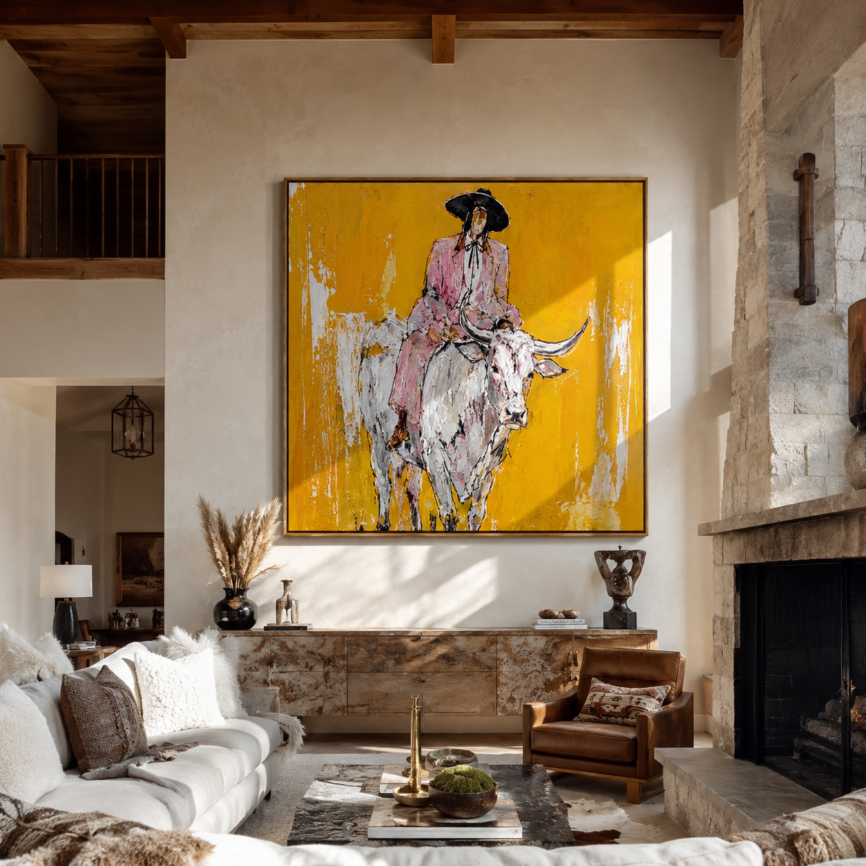 Mustard Dust Carries Pink - pink cowboy on white longhorn painting by Ethan Mercer, contemporary western square wall art – styled room scene view 4