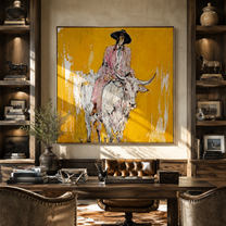 Mustard Dust Carries Pink - pink cowboy on white longhorn painting by Ethan Mercer, contemporary western square wall art – styled room scene view 5