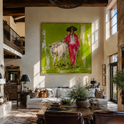 Scarlet Walk Crosses Green - red cowboy with white longhorn painting by Ethan Mercer, contemporary western square wall art – styled room scene view 1