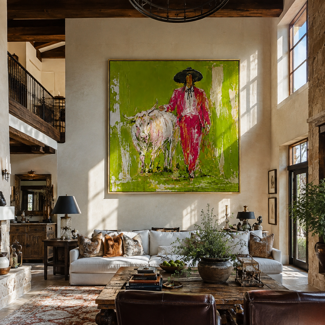 Scarlet Walk Crosses Green - red cowboy with white longhorn painting by Ethan Mercer, contemporary western square wall art – styled room scene view 1