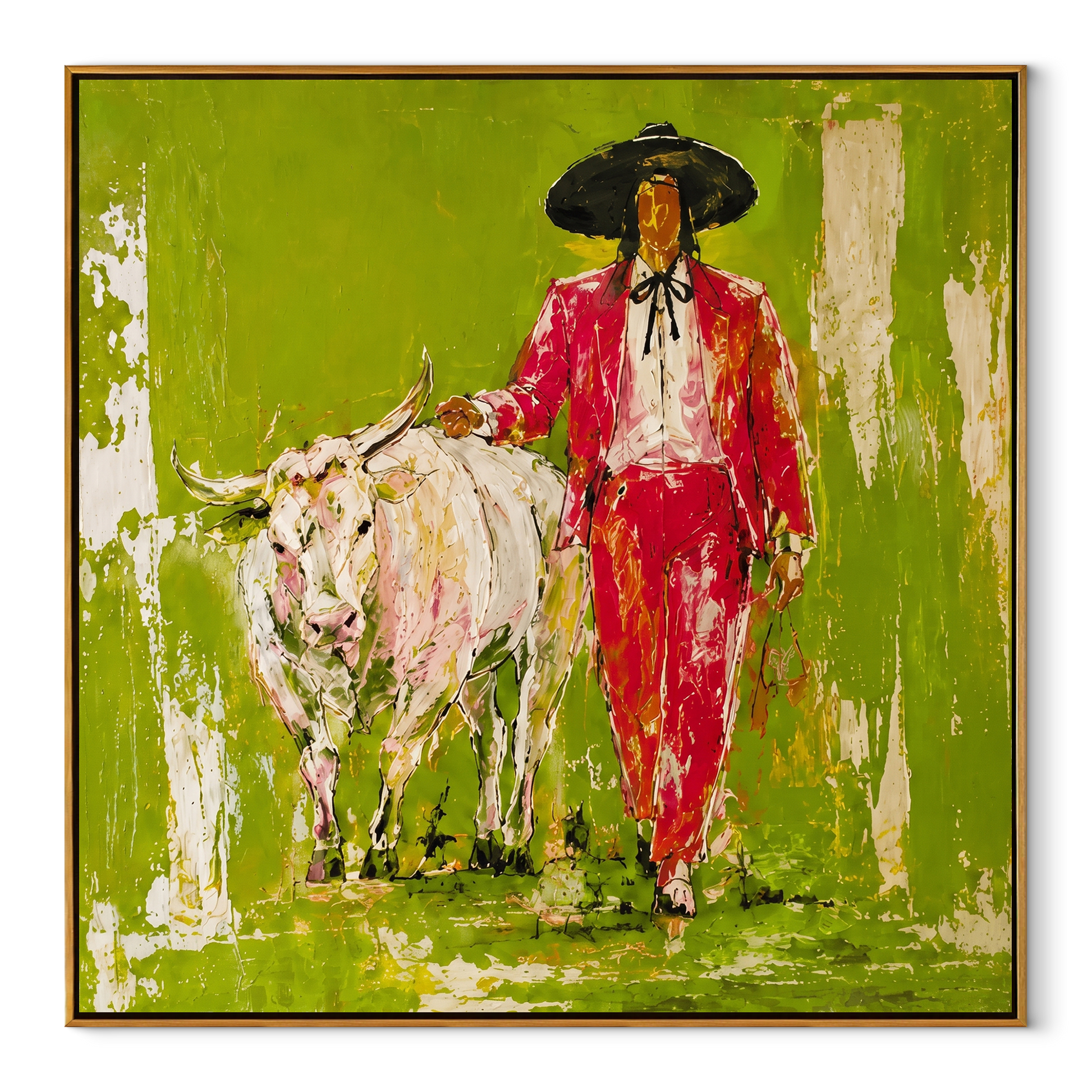 Scarlet Walk Crosses Green - red cowboy with white longhorn painting by Ethan Mercer, contemporary western square wall art – wood frame on white background