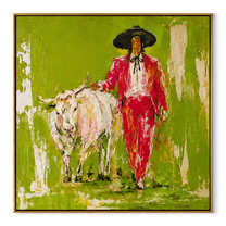 Scarlet Walk Crosses Green - red cowboy with white longhorn painting by Ethan Mercer, contemporary western square wall art – wood frame on white background