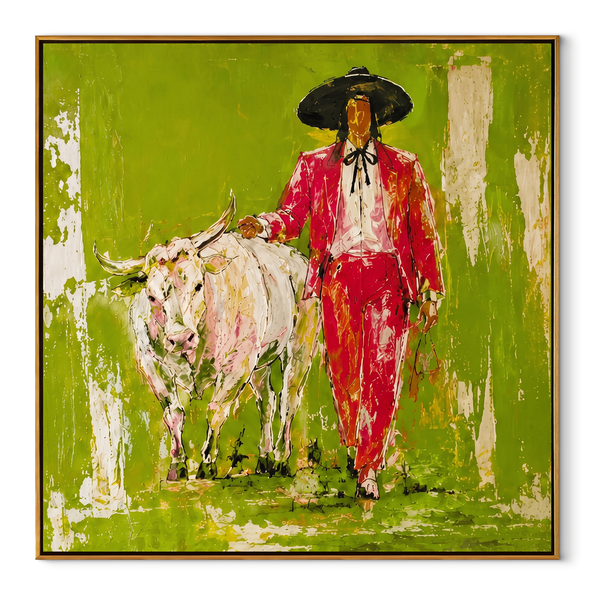 Scarlet Walk Crosses Green - red cowboy with white longhorn painting by Ethan Mercer, contemporary western square wall art – wood frame on white background