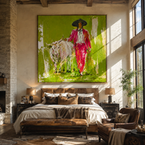 Scarlet Walk Crosses Green - red cowboy with white longhorn painting by Ethan Mercer, contemporary western square wall art – styled room scene view 2