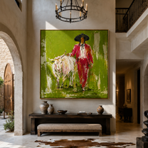 Scarlet Walk Crosses Green - red cowboy with white longhorn painting by Ethan Mercer, contemporary western square wall art – styled room scene view 3