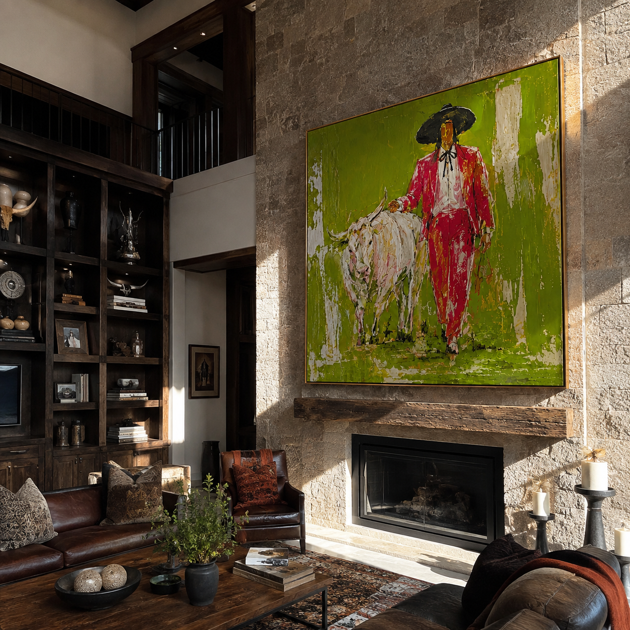 Scarlet Walk Crosses Green - red cowboy with white longhorn painting by Ethan Mercer, contemporary western square wall art – styled room scene view 4