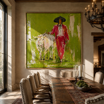 Scarlet Walk Crosses Green - red cowboy with white longhorn painting by Ethan Mercer, contemporary western square wall art – styled room scene view 5