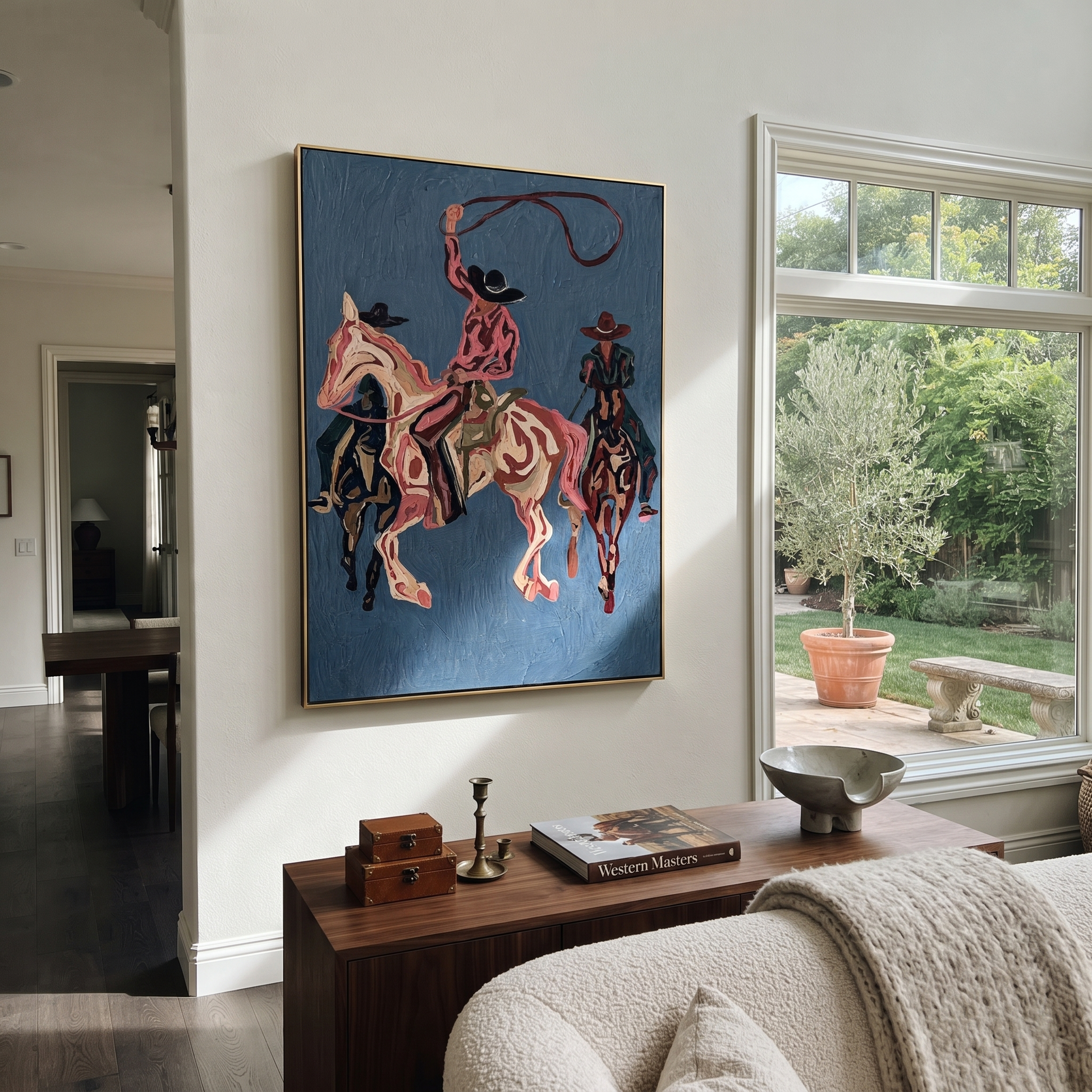 Rose Rope Turns through Blue - three Western riders painting by Ethan Mercer, contemporary western vertical wall art – styled room scene view 1