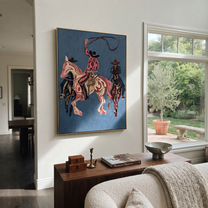 Rose Rope Turns through Blue - three Western riders painting by Ethan Mercer, contemporary western vertical wall art – styled room scene view 1