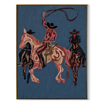 Rose Rope Turns through Blue - three Western riders painting by Ethan Mercer, contemporary western vertical wall art – wood frame on white background