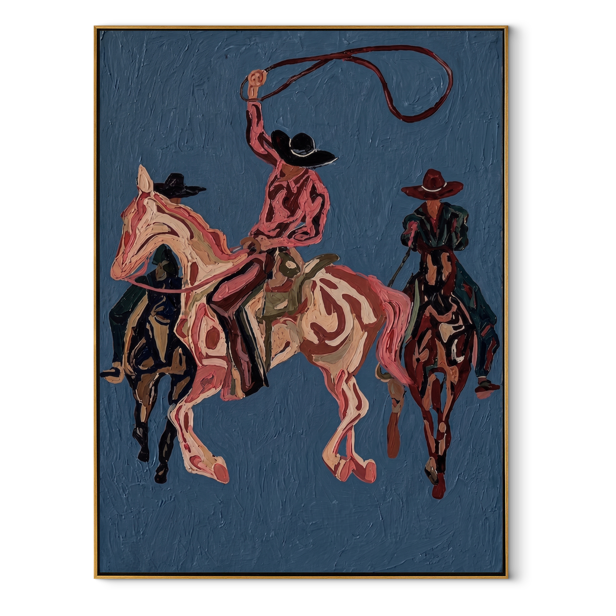 Rose Rope Turns through Blue - three Western riders painting by Ethan Mercer, contemporary western vertical wall art – wood frame on white background