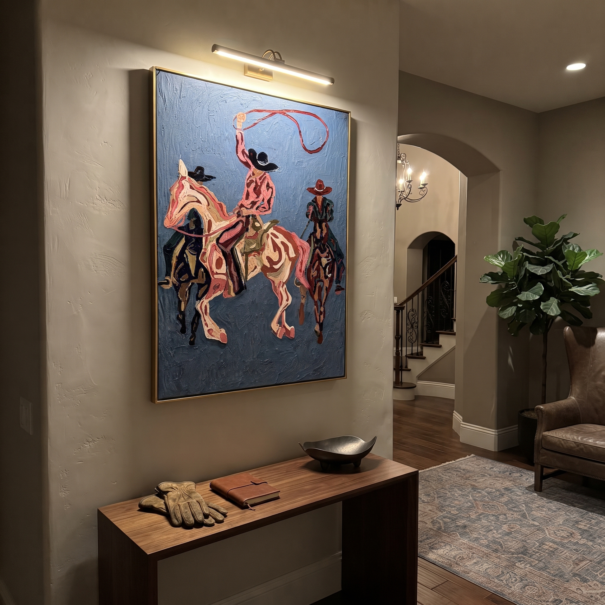 Rose Rope Turns through Blue - three Western riders painting by Ethan Mercer, contemporary western vertical wall art – styled room scene view 2