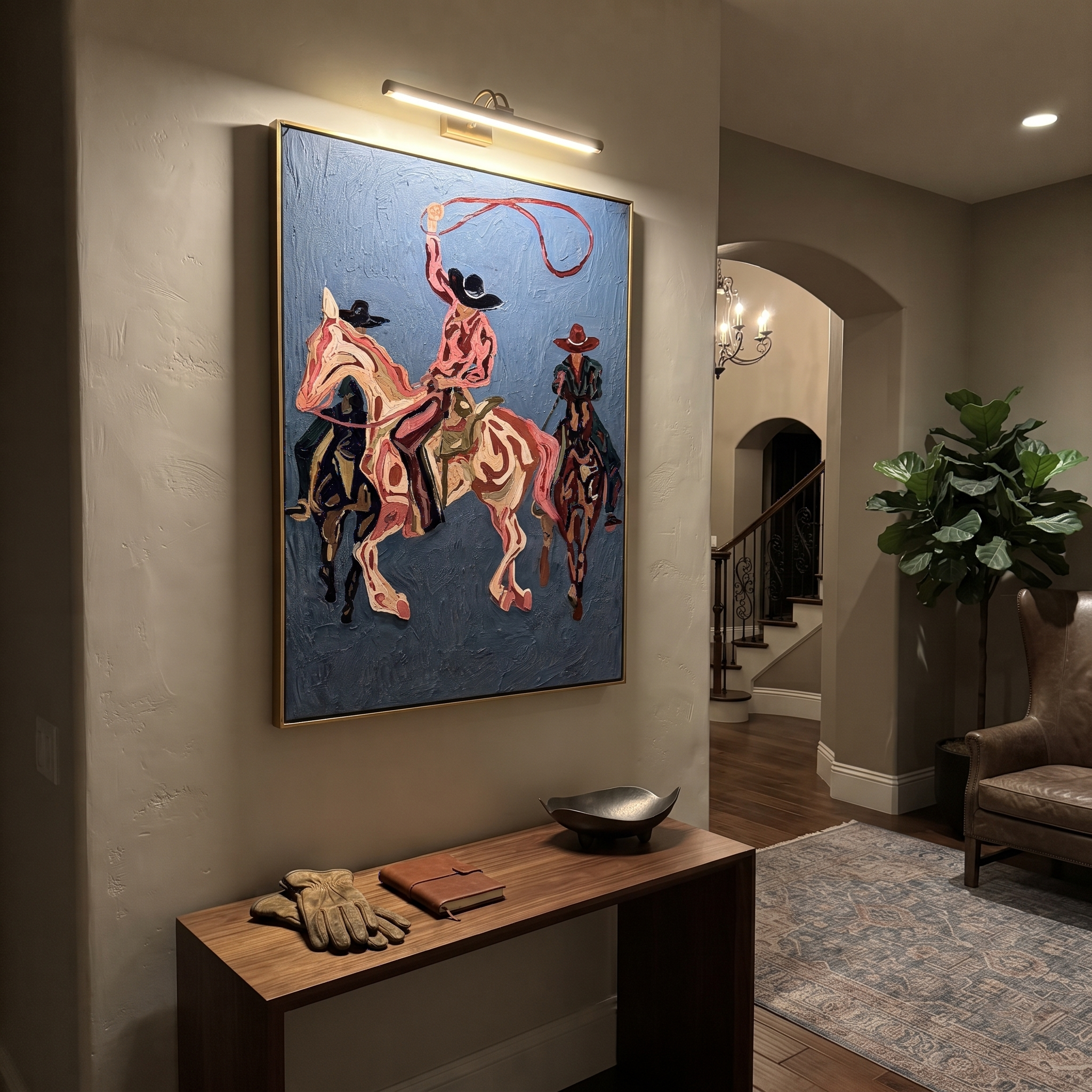 Rose Rope Turns through Blue - three Western riders painting by Ethan Mercer, contemporary western vertical wall art – styled room scene view 2