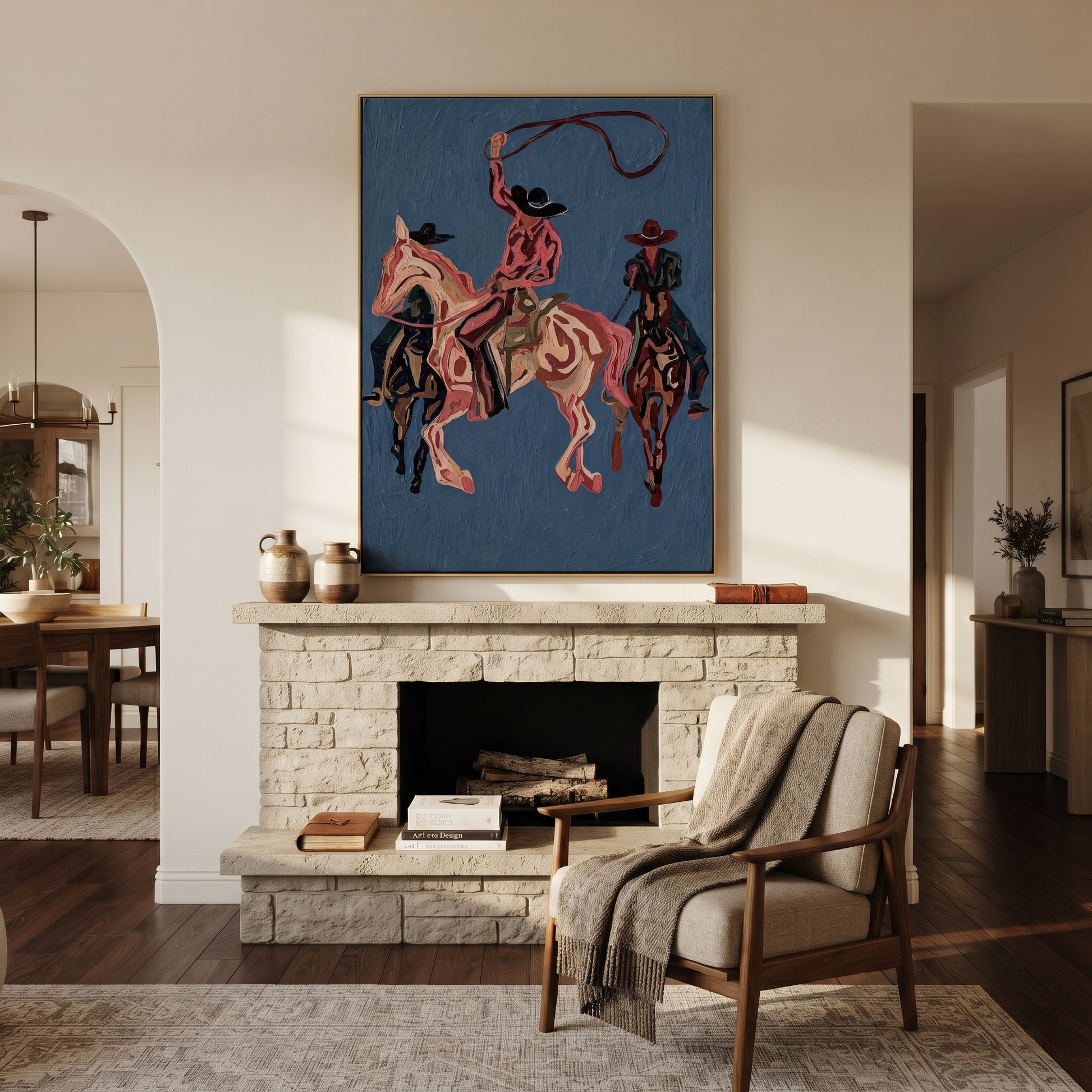 Rose Rope Turns through Blue - three Western riders painting by Ethan Mercer, contemporary western vertical wall art – styled room scene view 3