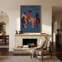 Rose Rope Turns through Blue - three Western riders painting by Ethan Mercer, contemporary western vertical wall art – styled room scene view 3