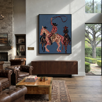 Rose Rope Turns through Blue - three Western riders painting by Ethan Mercer, contemporary western vertical wall art – styled room scene view 4