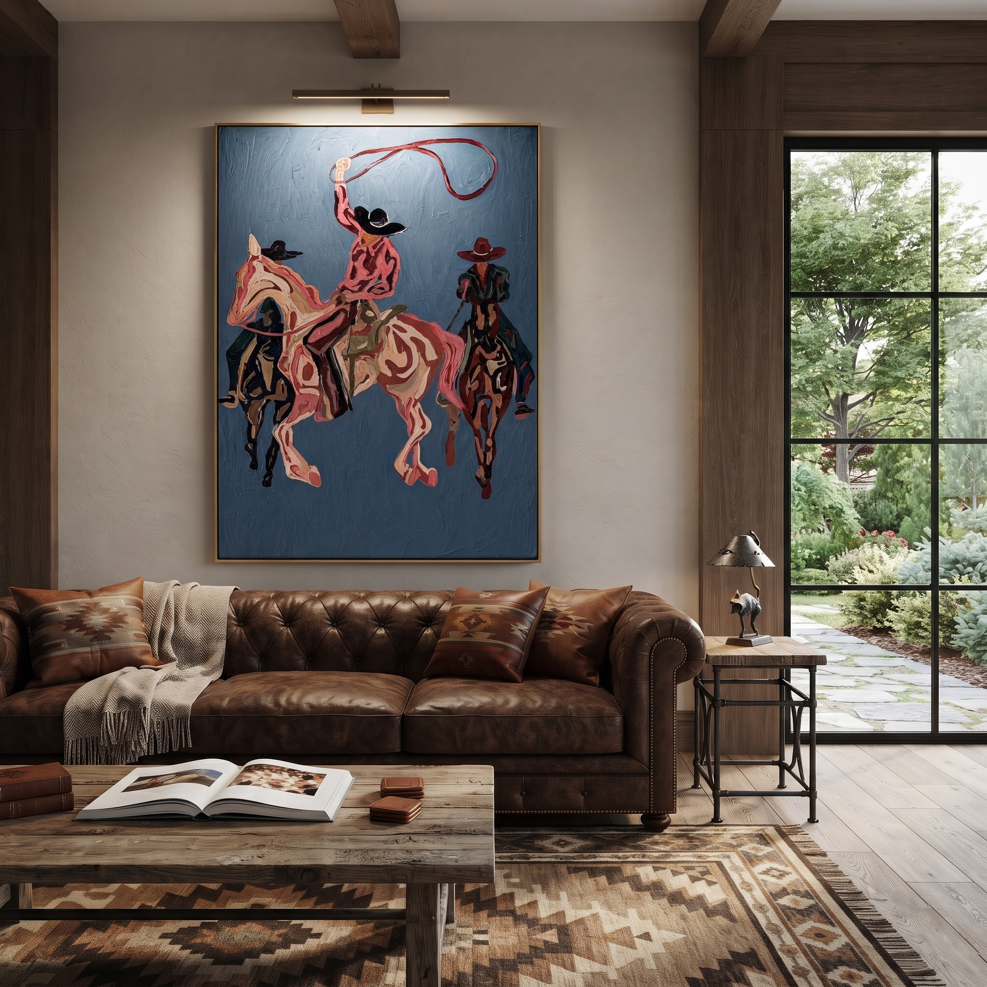 Rose Rope Turns through Blue - three Western riders painting by Ethan Mercer, contemporary western vertical wall art – styled room scene view 5
