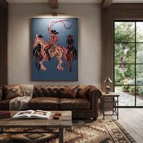 Rose Rope Turns through Blue - three Western riders painting by Ethan Mercer, contemporary western vertical wall art – styled room scene view 5