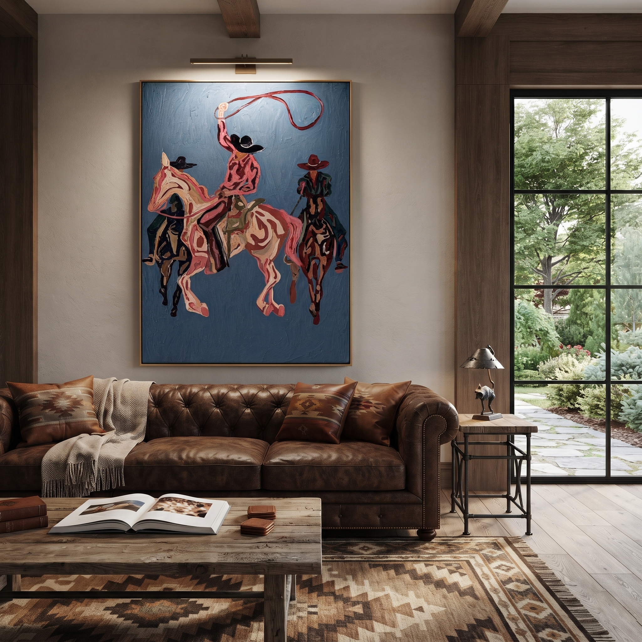 Rose Rope Turns through Blue - three Western riders painting by Ethan Mercer, contemporary western vertical wall art – styled room scene view 5