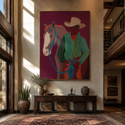 Turquoise Reins Cross Burgundy - cowboy and horse portrait painting by Ethan Mercer, contemporary western vertical wall art – styled room scene view 1