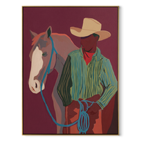 Turquoise Reins Cross Burgundy - cowboy and horse portrait painting by Ethan Mercer, contemporary western vertical wall art – wood frame on white background