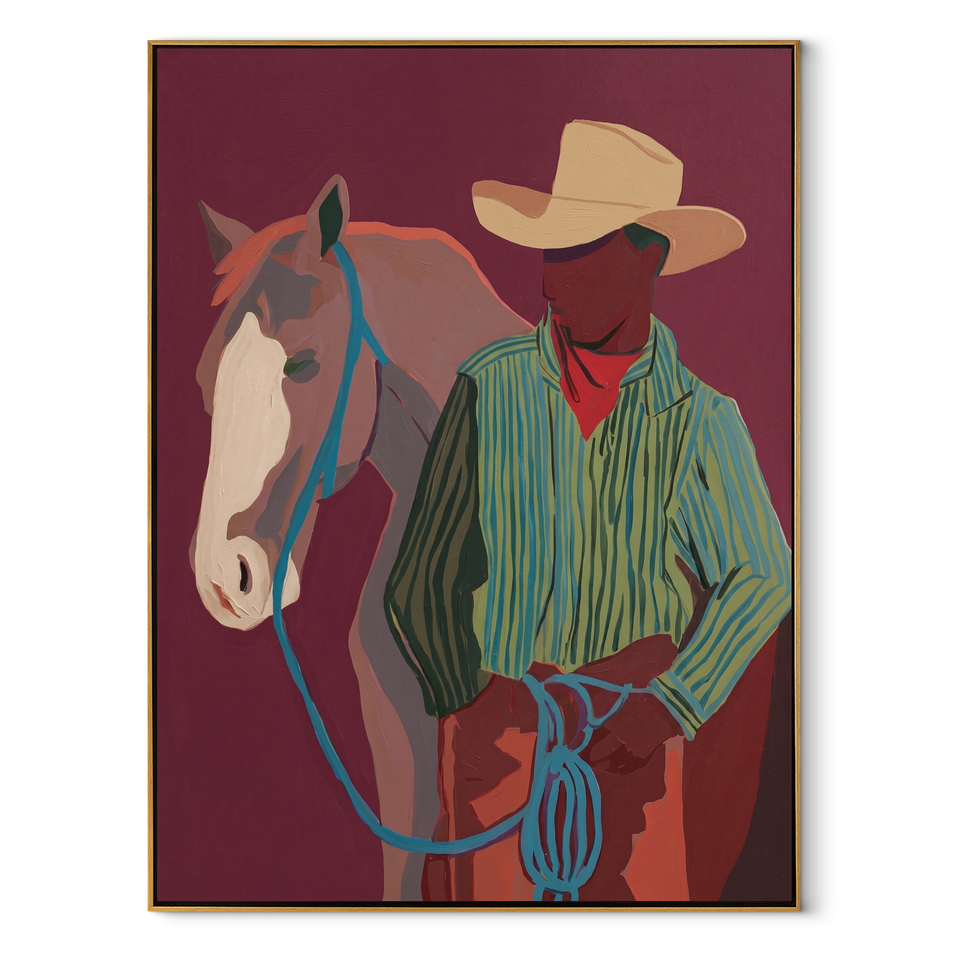 Turquoise Reins Cross Burgundy - cowboy and horse portrait painting by Ethan Mercer, contemporary western vertical wall art – wood frame on white background