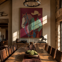 Turquoise Reins Cross Burgundy - cowboy and horse portrait painting by Ethan Mercer, contemporary western vertical wall art – styled room scene view 2