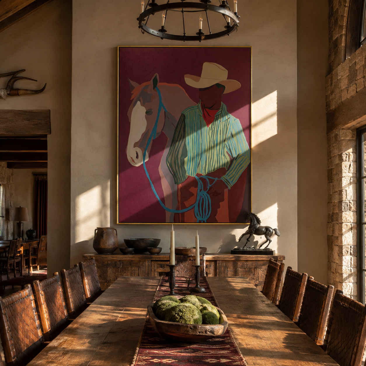Turquoise Reins Cross Burgundy - cowboy and horse portrait painting by Ethan Mercer, contemporary western vertical wall art – styled room scene view 2