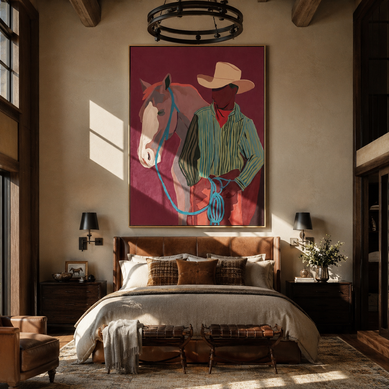 Turquoise Reins Cross Burgundy - cowboy and horse portrait painting by Ethan Mercer, contemporary western vertical wall art – styled room scene view 3