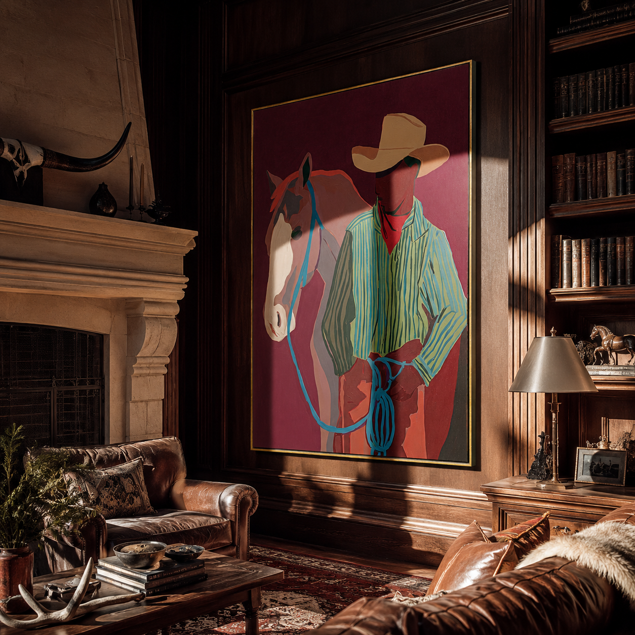 Turquoise Reins Cross Burgundy - cowboy and horse portrait painting by Ethan Mercer, contemporary western vertical wall art – styled room scene view 4