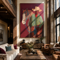 Turquoise Reins Cross Burgundy - cowboy and horse portrait painting by Ethan Mercer, contemporary western vertical wall art – styled room scene view 5