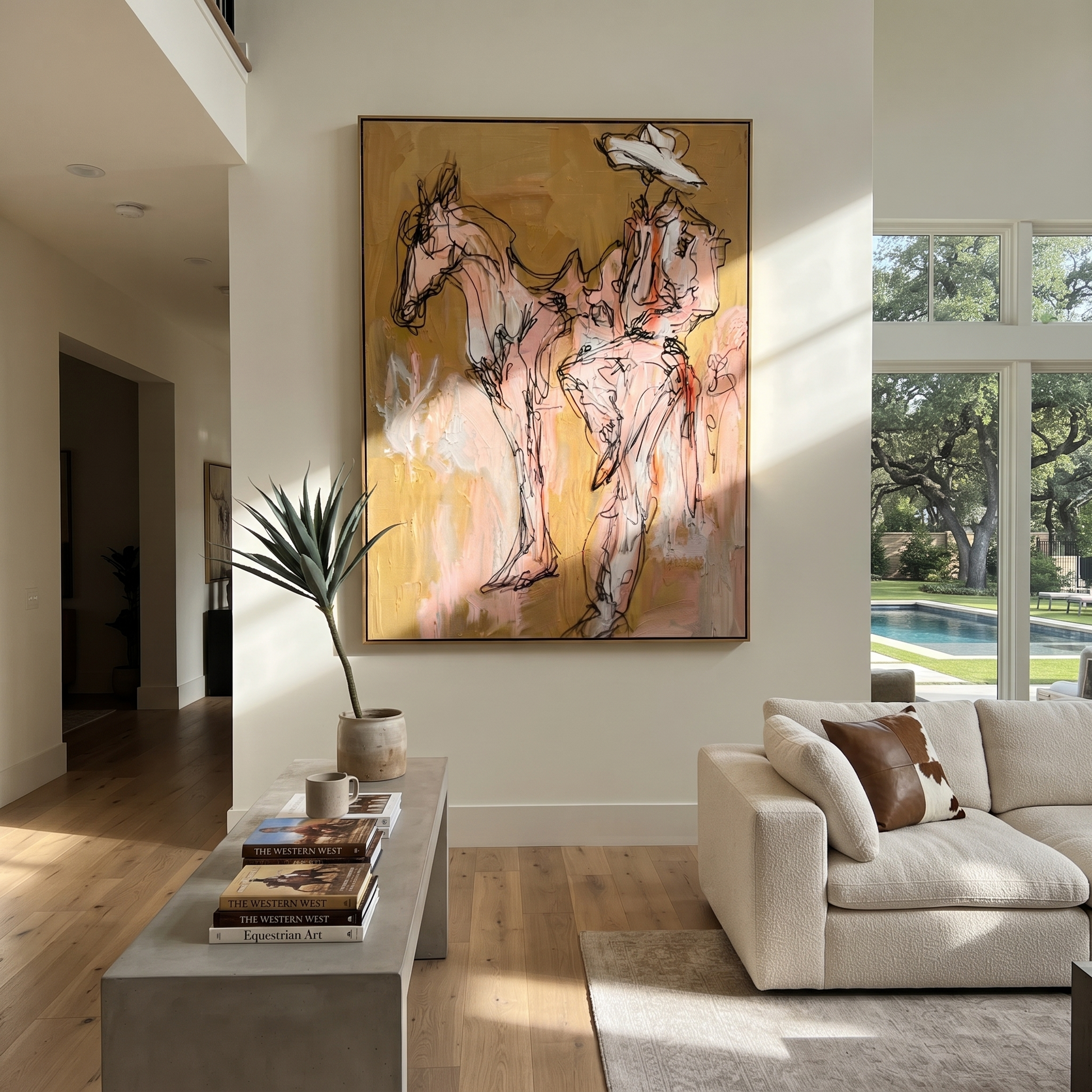 Still Hands Ride Ochre - sketch horse and rider painting by Ethan Mercer, contemporary Western vertical wall art – styled room scene view 1
